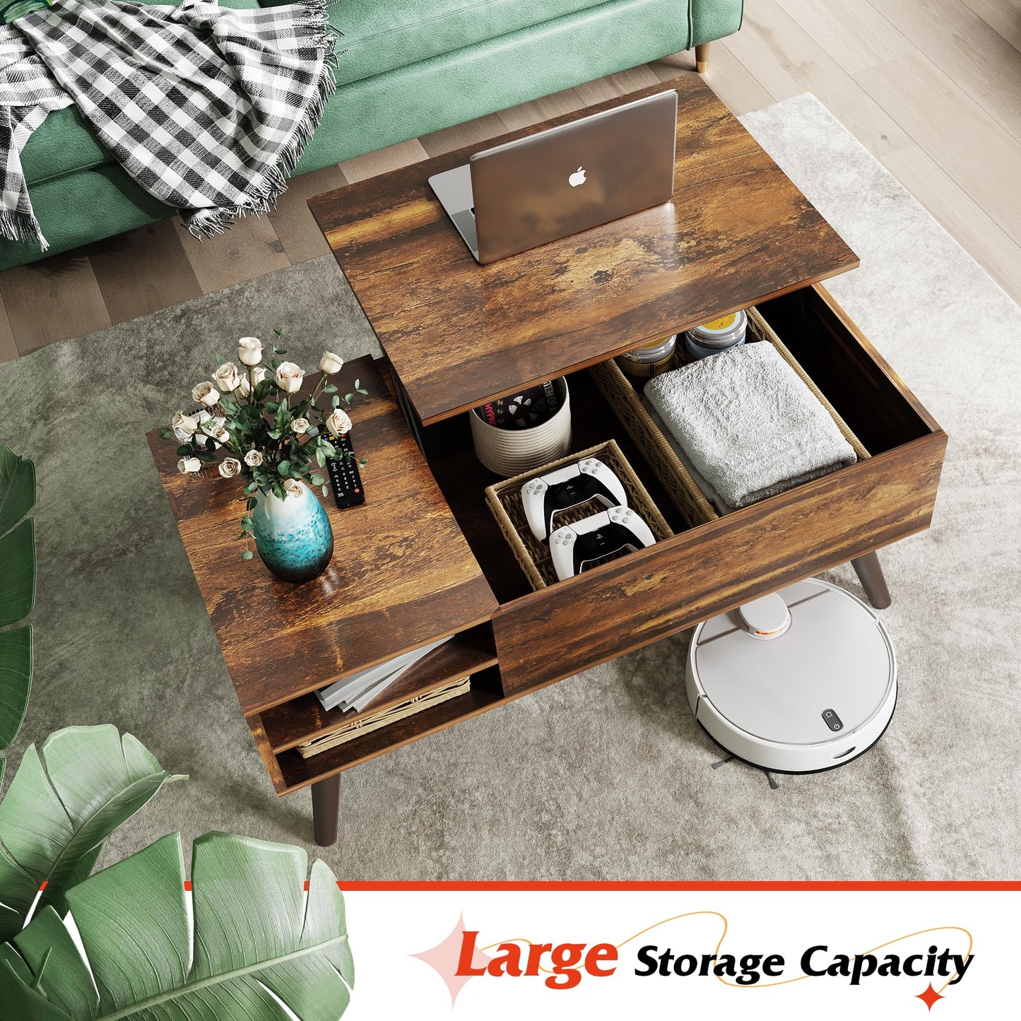 WLIVE Coffee Table for Living Room, Lift Top Coffee Table with Storage,Small Modern Living Room Table with Adjustable Shelf and Storage CompartmentWood, Rustic Brown