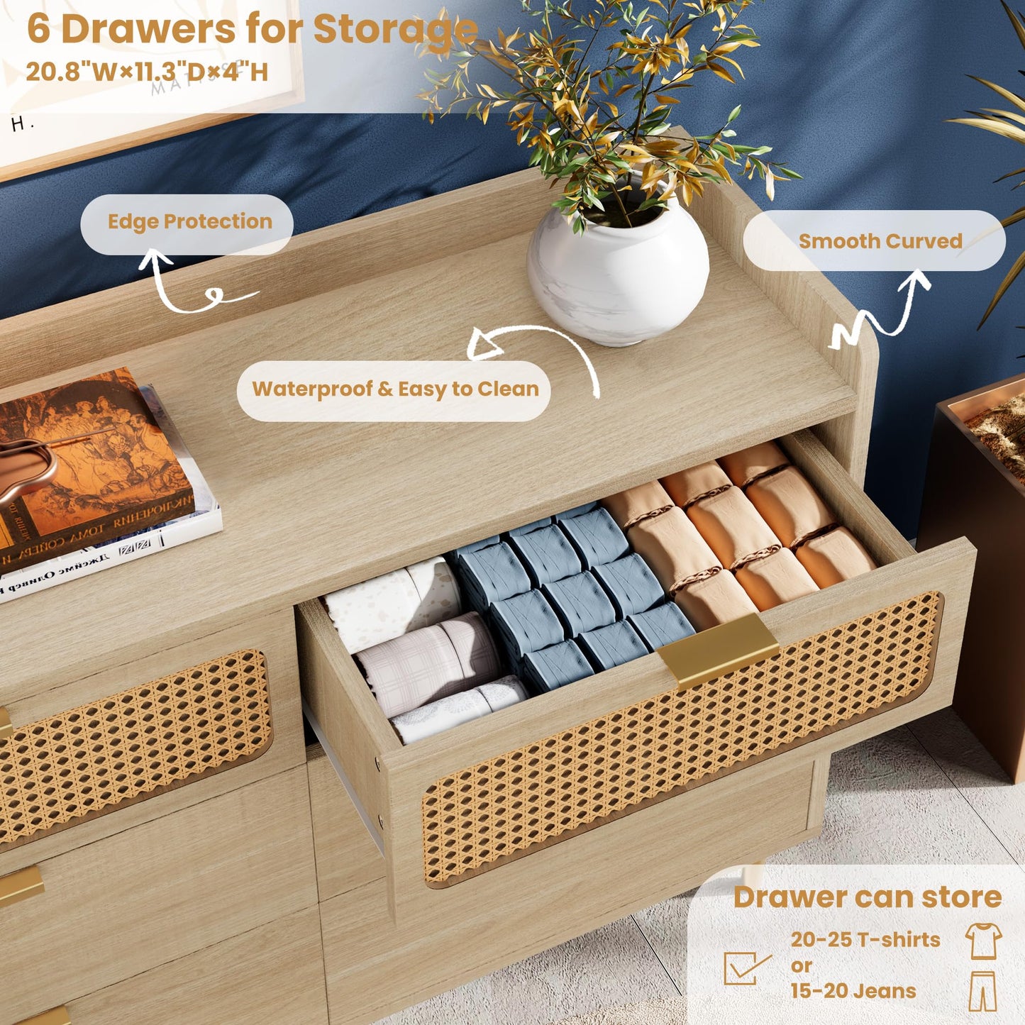 6 Drawer Double Dresser for Bedroom, 47" Wide Modern Chest of Drawers, Wooden Storage Rattan Dresser for Bedroom Living Room Hallway, Oak