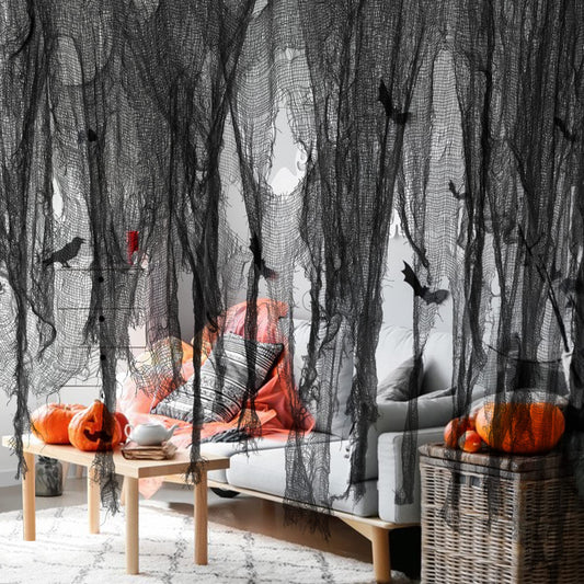 Watayo 500 x 39 Inch Large Size Halloween Creepy Cloth, Halloween Black Scary Spooky Cloth, Windows Doorways Cover Gauze for Halloweens Haunted House Party Decor