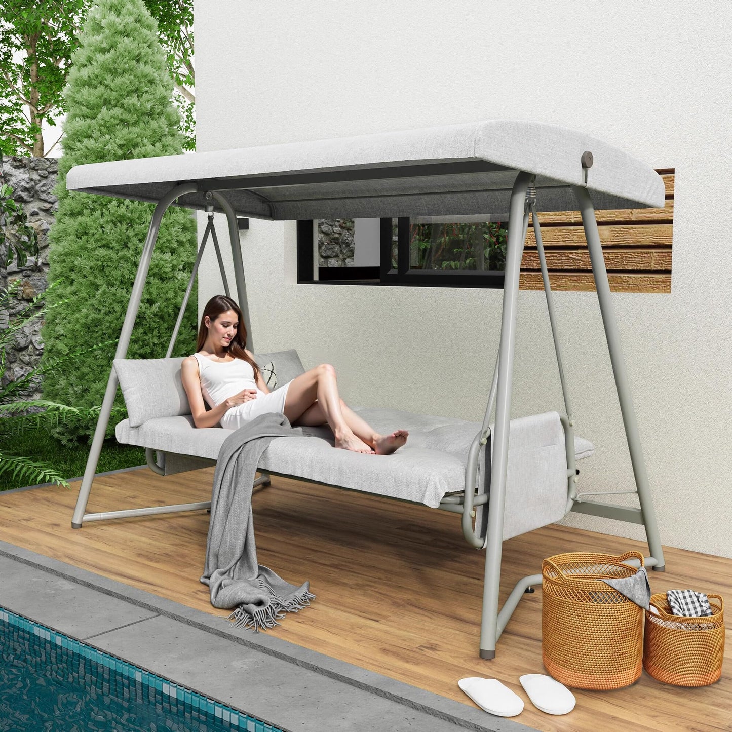 3-4 Seat Outdoor Porch Swing with Adjustable Canopy Patio Swing Bed with Stand Large Swing Glider Bench Chair Outside 770 lbs with Removable Cushions for Yard Garden Poolside Balcony (Champagne)