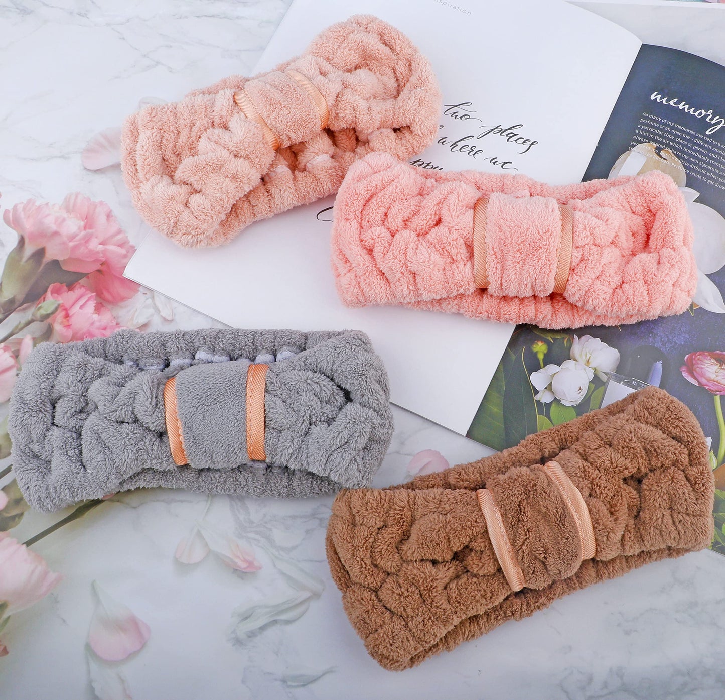 4 Pack Microfiber Towel Headbands for Washing Face, Spa & Skincare - Women & Girls (Coffee, Flesh Pink, Grey, Bright Red)