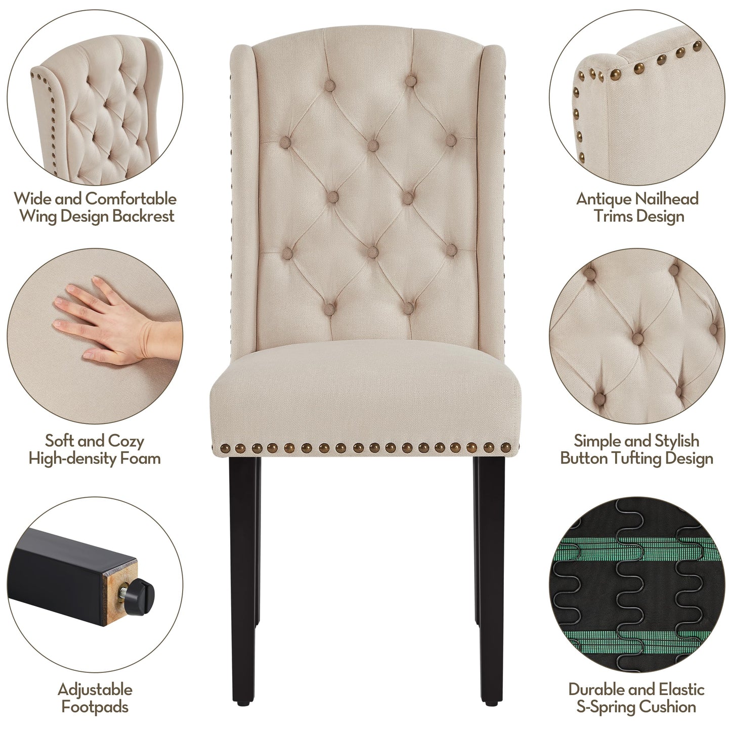 Yaheetech Upholstered Dining Chairs Set of 6 Button Tufted Kitchen Chairs with Solid Wood Legs and Nailhead Trims for Dining Room, Living Room, Restaurant, Beige