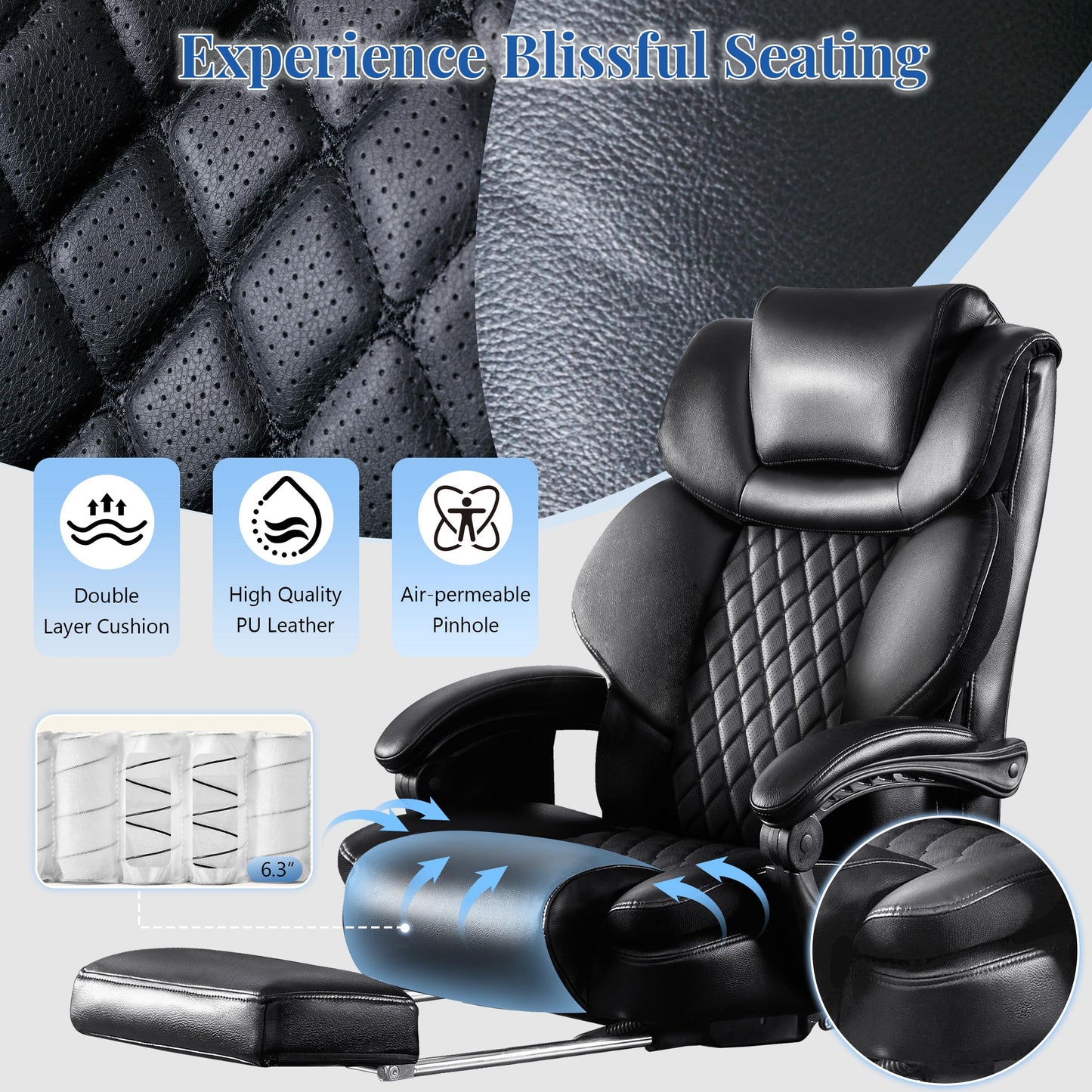 3D Kneading Massage Office Chair, Oversized 600LBS Big and Tall Executive Office Chair with Footrest, Reclining Computer Chairs, Wider Upholstered Seat Ergonomic Desk Chair for Home Office,Black