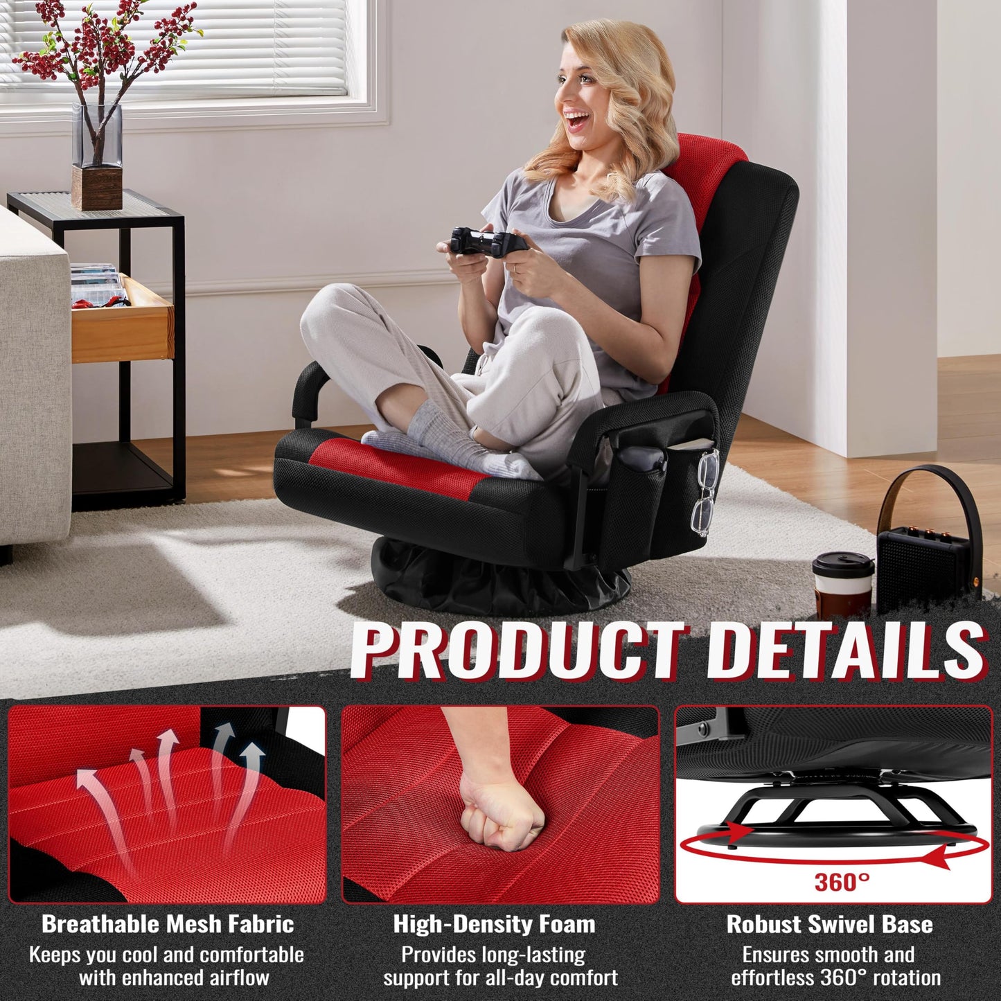 Yaheetech Floor Gaming Chair Swivel Video Game Chair Multipurpose Lazy Lounger Couch for Playing Games, TV, Reading with 6 Adjustable Position, Side Pocket, Armrest Handles