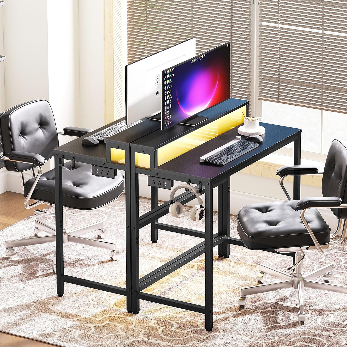 YATINEY Computer Desk with Charging Station and LED Lights, Gaming Desk with Monitor Stand, 2-Tier Home Office Desk with 4 Side Hooks, for Living Room, Home Office, Black DN01UDBBY1