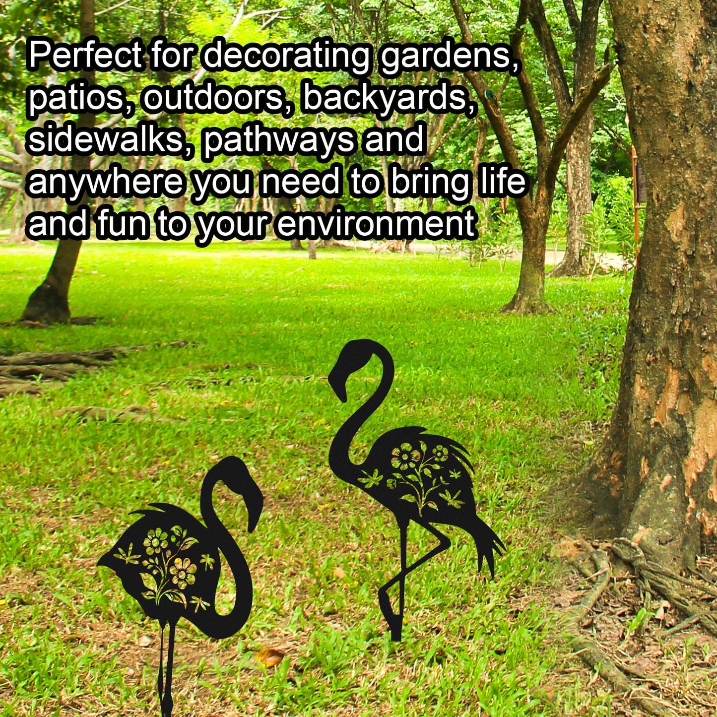 2pcs Flamingo Metal Yard Stakes, Whimsical Flamingo Yard Decor Black Decorative Garden Stakes for Lawn Patio Backyard Outdoor Decor