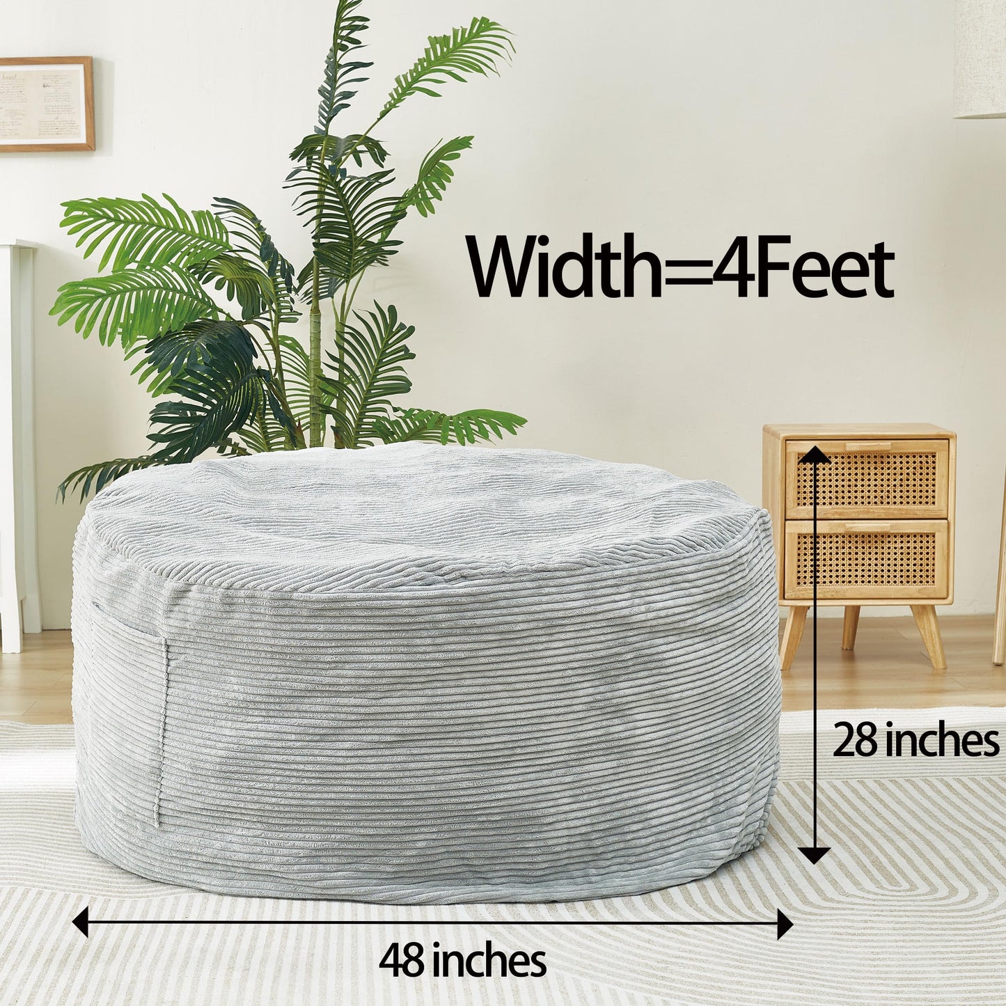48 Inches / 4 Feet Bean Bag Chair with Memory Foam Filler for Adults and Kids, Ultra Soft Light Gray Corduroy Cover, Living Room Use, Comfortable Wrap （Corduroy 4 feet）