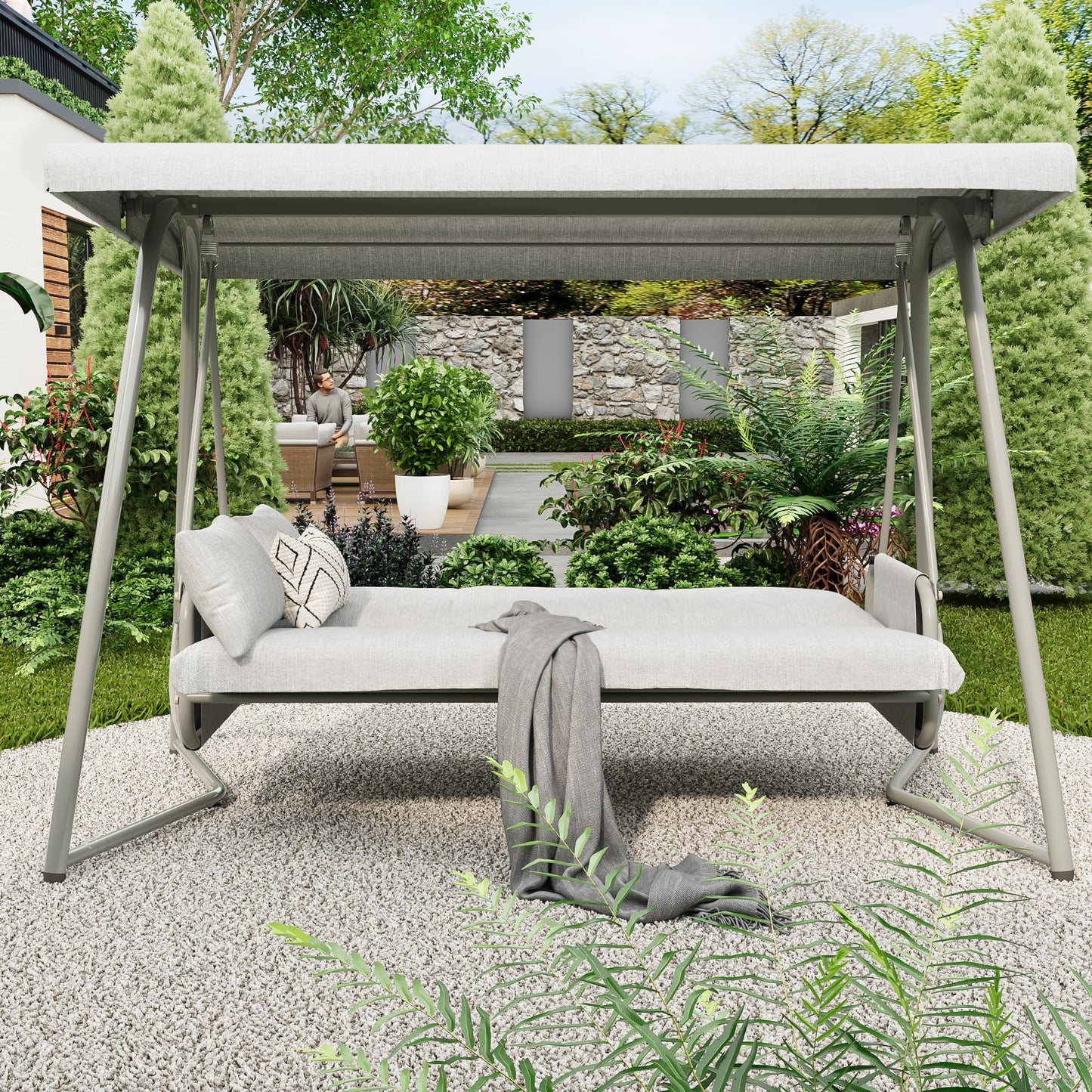 3-4 Seat Outdoor Porch Swing with Adjustable Canopy Patio Swing Bed with Stand Large Swing Glider Bench Chair Outside 770 lbs with Removable Cushions for Yard Garden Poolside Balcony (Champagne)
