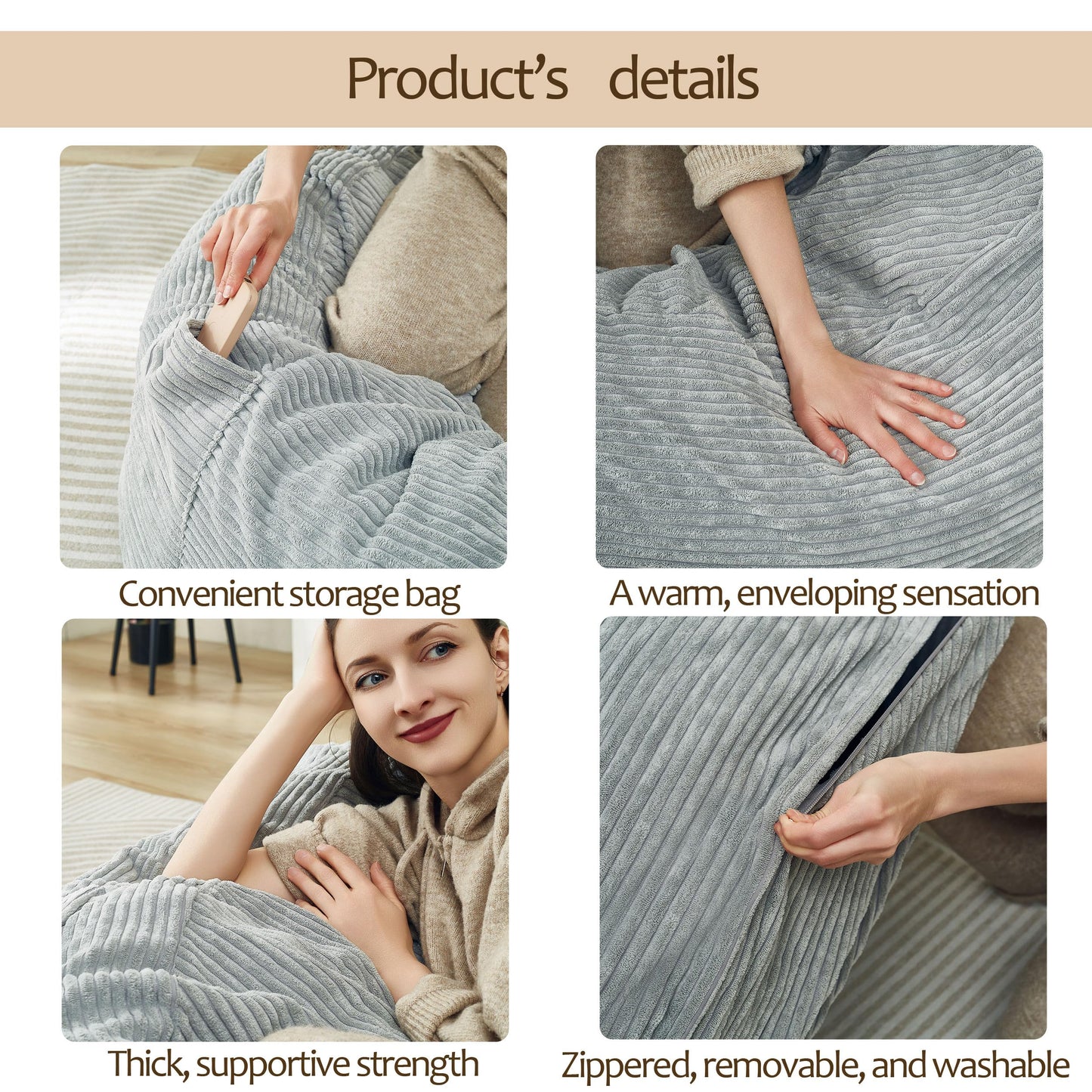 48 Inches / 4 Feet Bean Bag Chair with Memory Foam Filler for Adults and Kids, Ultra Soft Light Gray Corduroy Cover, Living Room Use, Comfortable Wrap （Corduroy 4 feet）