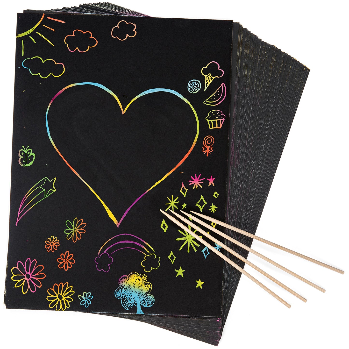 50 Piece Rainbow Scratch Paper - 4 Wooden Styluses Included - Create Rainbow Scratch Art With This Jumbo Craft Pack
