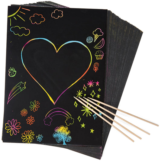 50 Piece Rainbow Scratch Paper - 4 Wooden Styluses Included - Create Rainbow Scratch Art With This Jumbo Craft Pack
