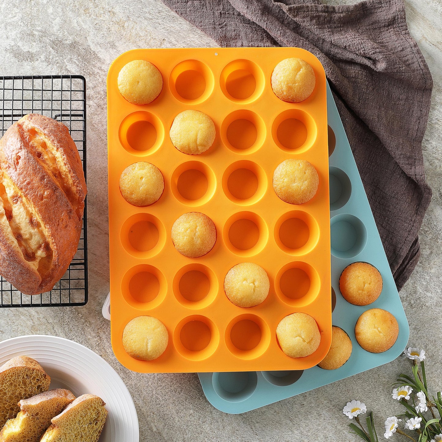 2PCS Silicone Mini Muffin & Cupcake Pan Set, Little Cook 24 Cups Mini Muffin Baking Pan, Non-Stick, BPA Free, Dishwasher Safe, Perfect for Making Muffin, Cakes, Tart (Orange + Peacock Blue)