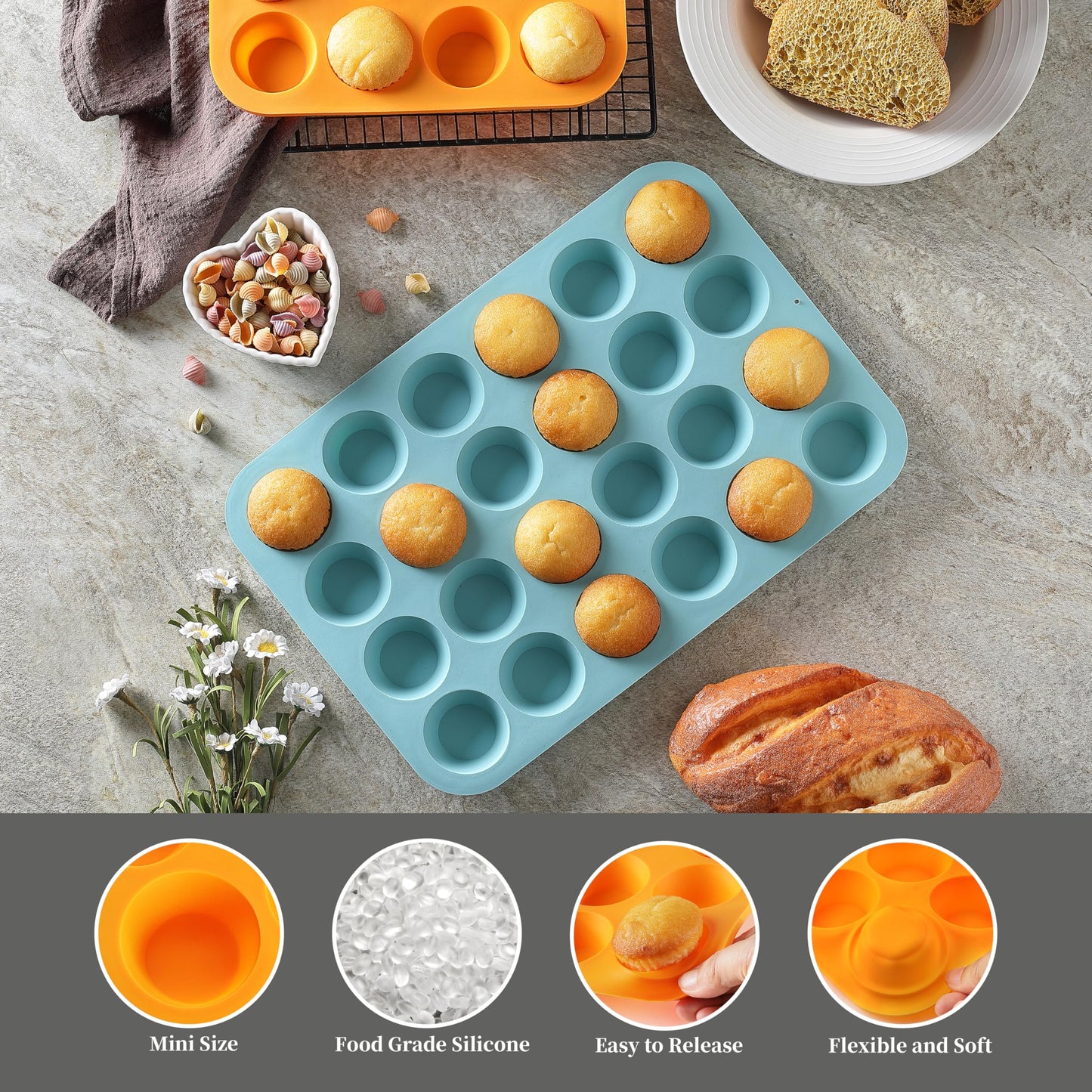 2PCS Silicone Mini Muffin & Cupcake Pan Set, Little Cook 24 Cups Mini Muffin Baking Pan, Non-Stick, BPA Free, Dishwasher Safe, Perfect for Making Muffin, Cakes, Tart (Orange + Peacock Blue)