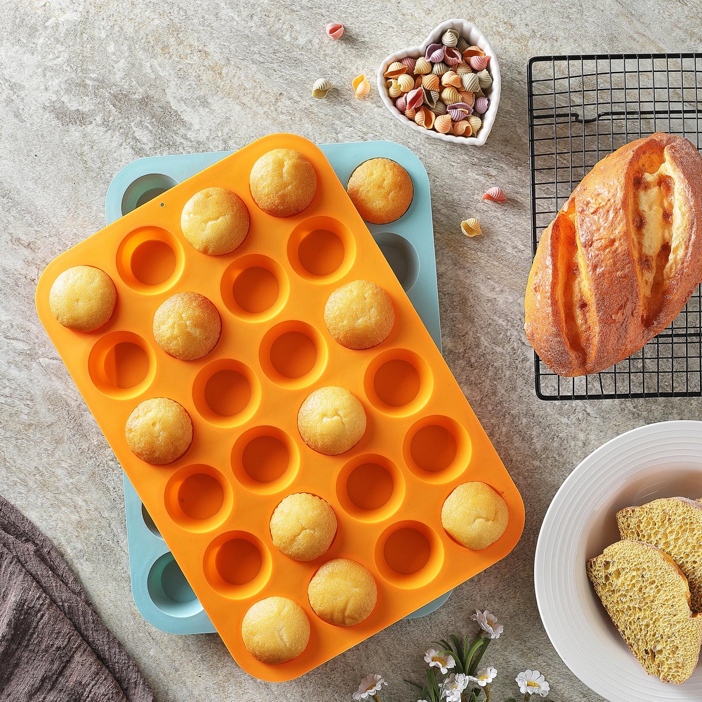 2PCS Silicone Mini Muffin & Cupcake Pan Set, Little Cook 24 Cups Mini Muffin Baking Pan, Non-Stick, BPA Free, Dishwasher Safe, Perfect for Making Muffin, Cakes, Tart (Orange + Peacock Blue)