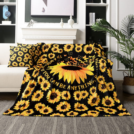 WIBUE Sunflower Throw Blanket 60"x50" with 2 Pcs Pillow Covers 18"x18", Decor Fleece Blanket for Women Men, Fuzzy Soft Cozy Warm Plush Gifts Blankets for Bed Sofa Couch Chair Living Room Bedroom